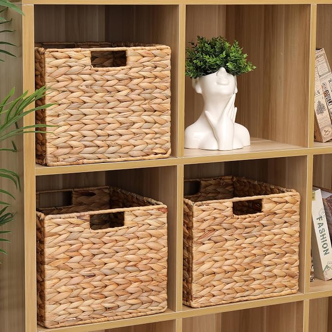12x12x10in Water Hyacinth Storage Basket Large, Folding Cube Woven Wicker Storage Basket for Shelves, Pantry Baskets Organization and Storage, Kitchen Storage Baskets, Large Rattan Basket Set of 3 - Image 7