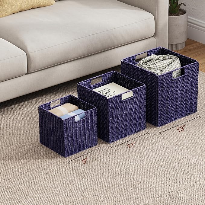 Wicker Storage Basket, Set of 2 Hand-Woven Paper Rope Wicker Basket, Foldable Cube Storage Bins, 9 inch Square Storage Baskets for Organizing Shelves & Decor, Purple (9″×9″×9″) - Image 4