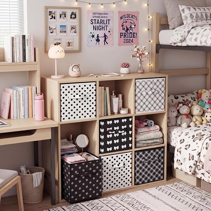 Glooglitter 6 Pcs Coquette Black Bow Storage Bins with Handles 11 Inch Foldable Classroom Storage Cubes Polka Dot Organizer Baskets Black and White Collapsible Organizer Bins for School Classroom Dorm - Image 6