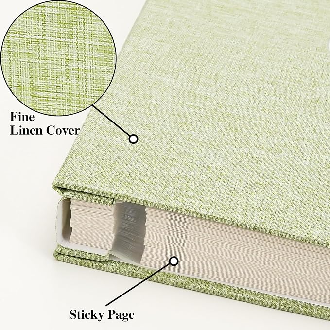Vienrose Self Adhesive Photo Album with Arch Window, 120 Pages, Grass Green | Linen Cover, 12.6x12.99 Inch, Memory Book, Blank Inner Page, Three Metallic Pens - Image 2