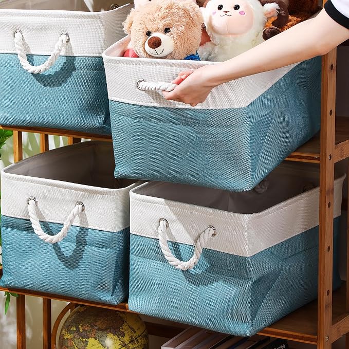 FoldTier 10 Pack Large Collapsible Fabric Storage Baskets with Handles Decorative Storage Bins for Organizing Shelves Toys Clothes(White & Blue,16 x 12 x 10 Inches) - Image 7