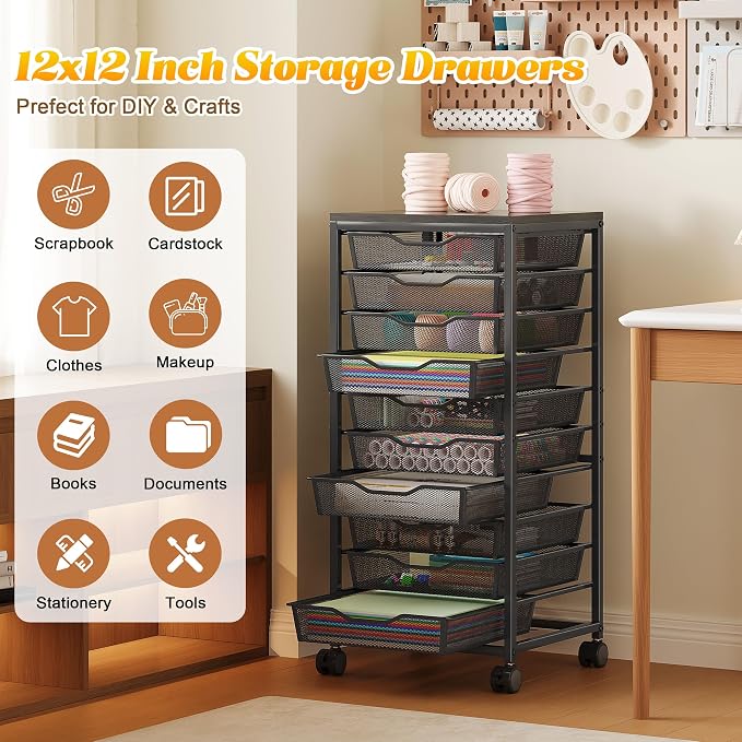10-Drawer Rolling Storage Cart, Craft Organizers and Storage, Black | 12x12 Inch Storage Drawers for Scrapbook Paper,Classroom,Craft,Bathroom,Teacher,Office,Art,Metal Organizer Cart with wheels - Image 4