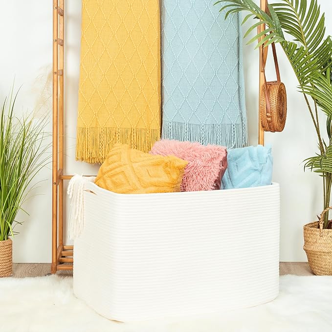 112L Extra Large Blanket Basket Holder Living Room, 25"x17"x16" Rectangle Rope Woven Storage Basket with Handles for Laundry, Towels, Shoes, Dog Toy Organizer Bin Box, Creamy White - Image 2