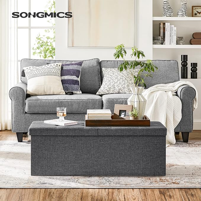 SONGMICS MAZIE Collection - 43 Inches Storage Ottoman, Foldable Storage Bench with Flipping Lid, 660 lb Load Capacity, for Entryway, Living Room, Bedroom, Dark Gray ULSF76GYZ - Image 2