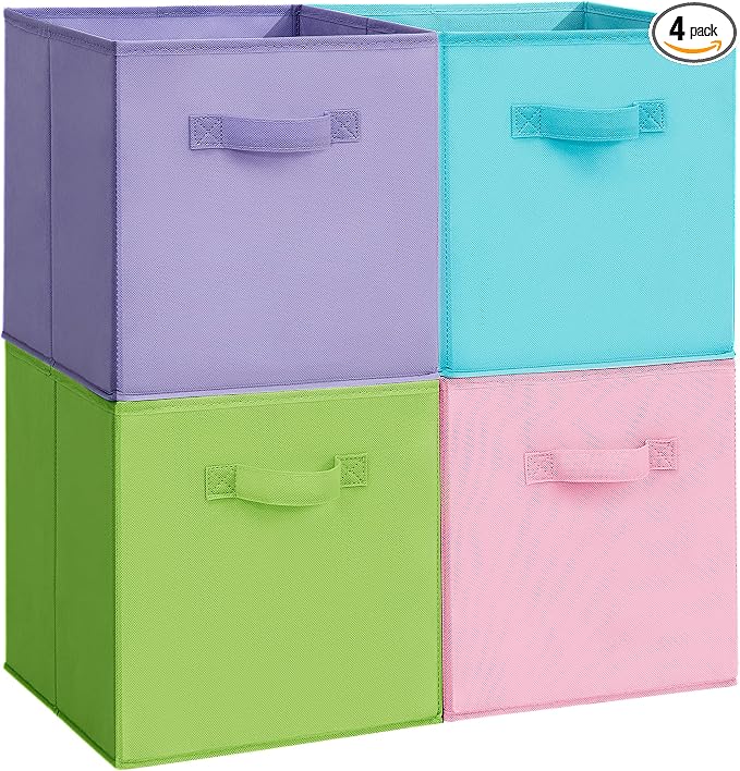 11x11 Storage Bins, Set of 4 Storage Cubes, Collapsible Cube Storage Box, Fabric Closet Organizers with Handles for Home, Office, Closet Shelf Cabinet, Bookcase, Multi-Color by Unknown