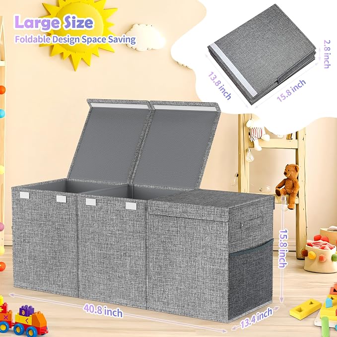 Extra Large Toy Box with Lids, Large Storage Chest Organizer, 40"x14"x16" | Collapsible Sturdy Kids Toy Chest Bins with Dividers for Boys Girls, Nursery Bedroom Playroom Organization, Gray - Image 7