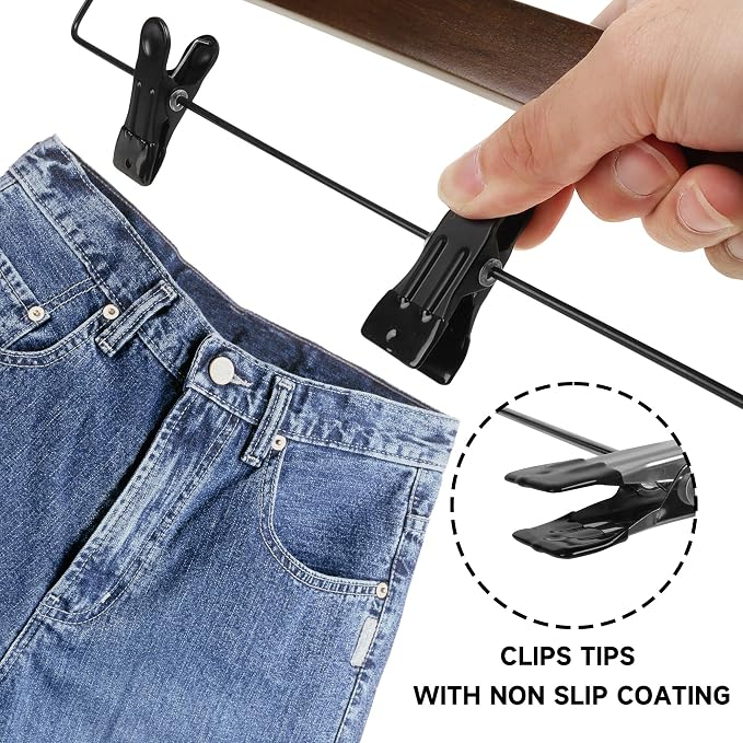 14" Wood Pants Hangers with Adjustable Non-Slip Clips, Walnut, 12-Pack | Solid Wood Material, Bottom Hangers with 360° Swivel Hook, Space Saving Hangers for Skirts, Slacks, Trousers, Jeans - Image 4