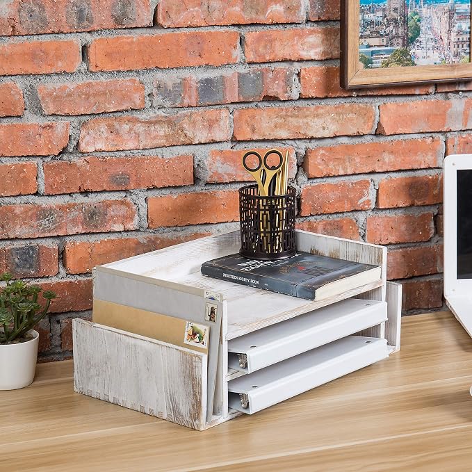 MyGift 3-Tier Desk Organizer & File Tray, Wood Letter Holder for Office, Farmhouse White Wood Desktop Document Organizer with Paper Storage - Image 2