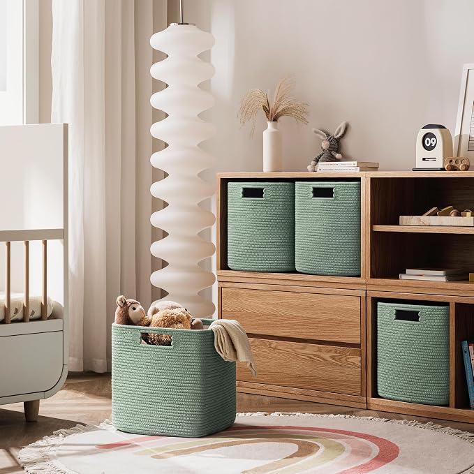 UBBCARE Set of 4 Storage Basket-13 X 13 X 13 In, Cotton Rope Basket for Shelves, Toys, Book, Cube Storage Bins with Handles, Woven Storage Basket for Organizing, Green - Image 5