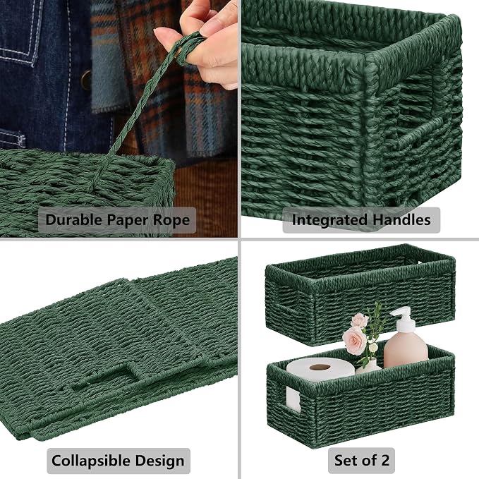 Wicker Storage Basket, Set of 2 Hand Woven Wicker Baskets for Organizing with Handles, Decorative Small Storage Bins for Countertop Toilet Paper Basket for Toilet Tank Top, Shelves, Green - Image 7