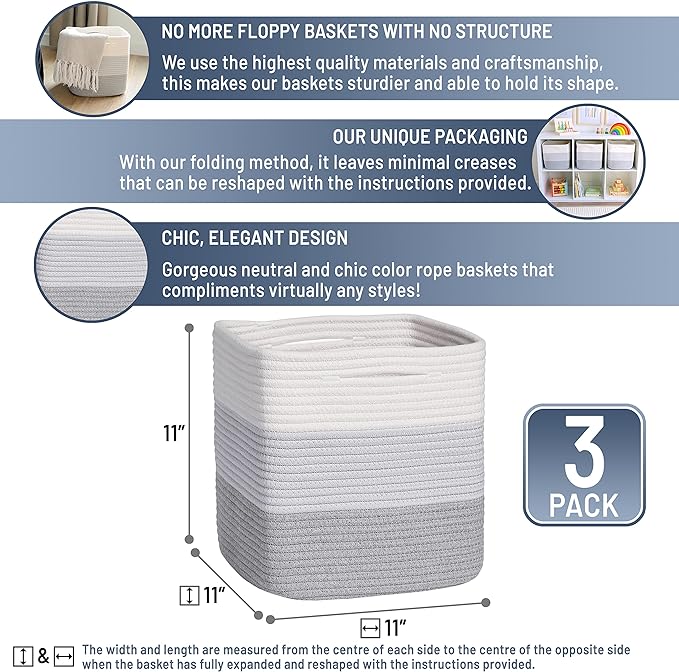 NaturalCozy Storage Cubes 11 Inch Cotton Rope Woven Baskets for Organizing, 3-Pack | Cube Storage Bin | Square Storage Baskets for Shelves Organizer, Classroom, Kids Toy Bins, Closet, Baby Nursery - Image 2