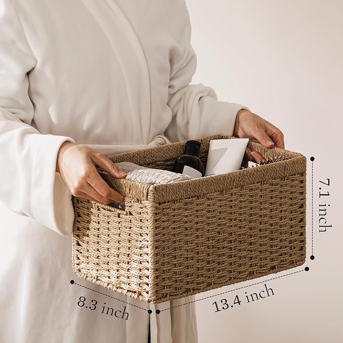 UBBCARE 2 Pack Wicker Basket, 13.4L×8.3H×7.1W inch Woven Paper Rope Storage Baskets for Shelves, Foldable Rectangular Storage Baskets with Handle, Storage Basket for Organizing, Natural - Image 2