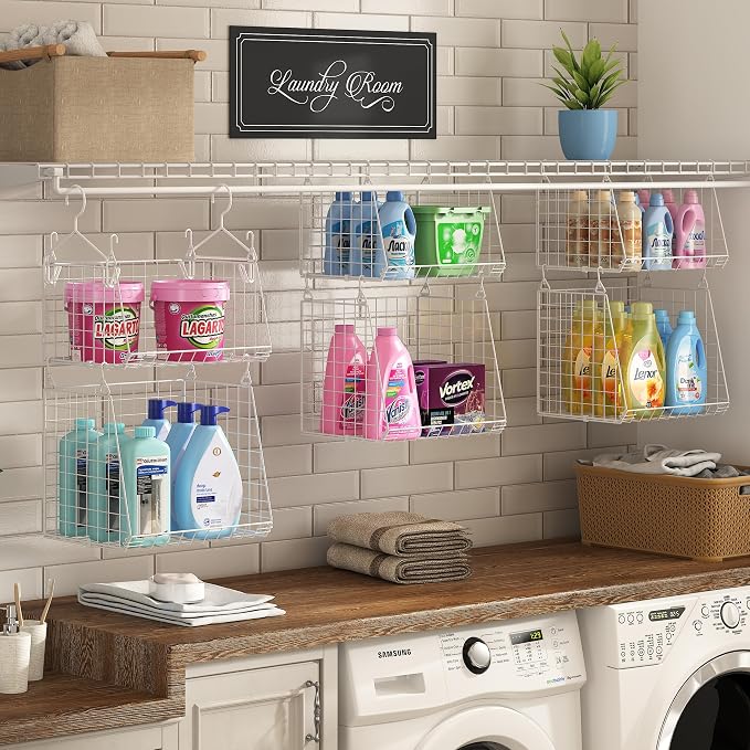 4-Tier Hanging Laundry Room Organizer: Foldable Wire Shelf Basket with 2 Large Hooks 1.65" & 360°Rotating Hooks – Space-Saving Laundry Storage Basket, for Wardrobe Closet Storage, White Patent - Image 3