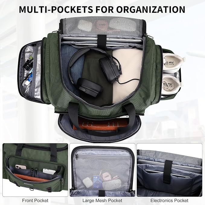 WITZMAN Duffle Bag for Men Large 49L Convertible Nylon Travel Sports Bag | With Shoe Compartment and Dry-wet Pocket, Fits 16" Laptop, Carry On, For Gym, Weekender, Overnight Trips, B719 Army Green - Image 3