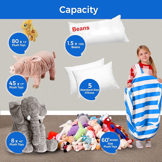Aubliss Stuffed Animal Bean Bag Storage Chair | (Blue/White Striped, Medium (32'')) - Image 4
