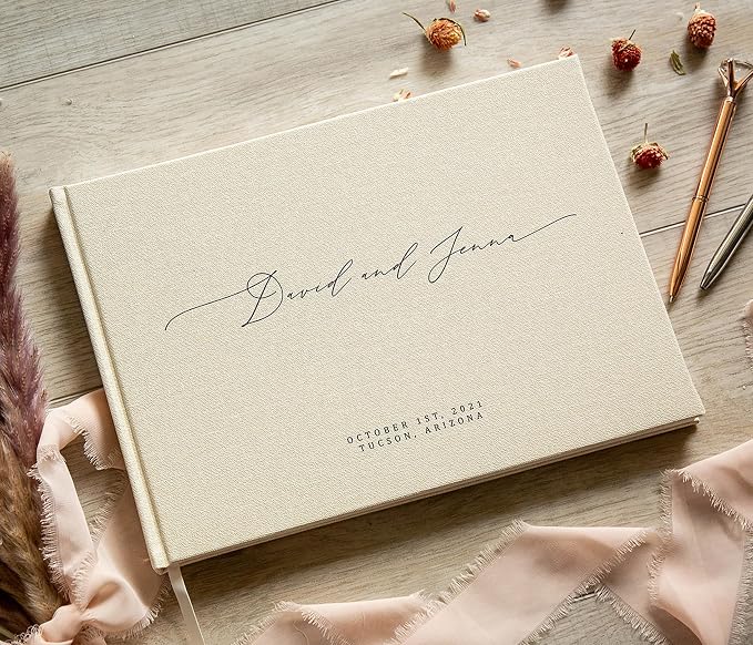 Personalized Guestbook in Cream - Premium Custom Modern Guest Book for Wedding Reception, Birthday Party or Events w/Bookmark Blank Pages for Signing, Extra Large 11.5 x 8.5 inches - Image 5