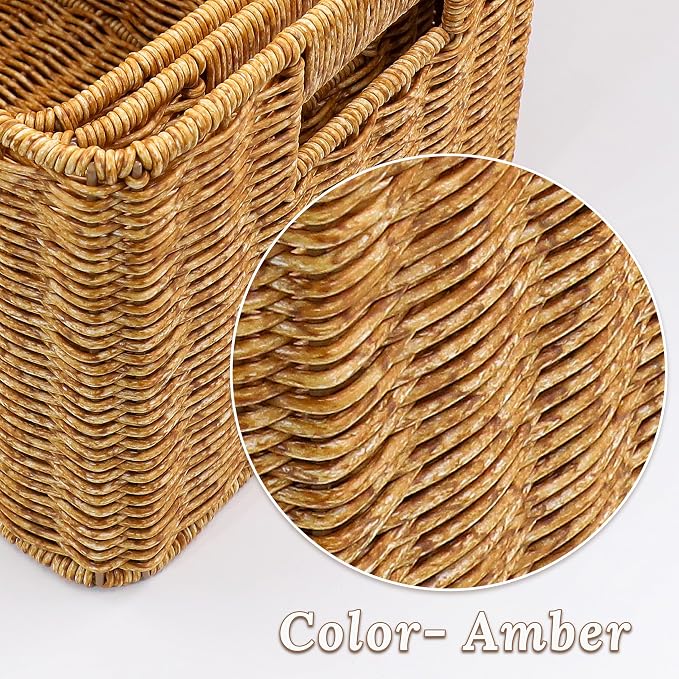 WeeNest Baskets with Handles, Wicker Storage, Shelf Boxes for Organizing, Stackable Woven Bins, Decorative Lidded Resin, Set of 3, Amber - Image 2