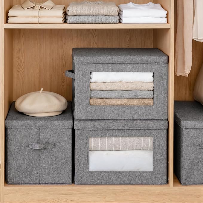 4-Pack Large Storage Bins with Lids & Clear Window, Foldable Fabric Closet Organizer Boxes, Stackable Cube Baskets with Soft Handles for Clothes & Blankets, 17”, Grey - Image 2