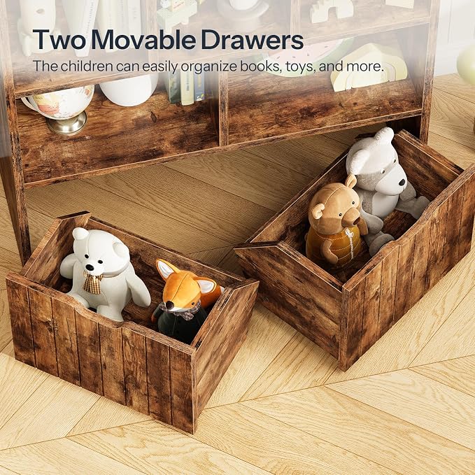 HOOBRO Toy Storage Organizer, Toy Organizers and Storage with 2 Movable Drawers and 5 Cubbies, Toy Chest Shelf for Books or Dolls, Kids Bookshelf and Toy Storage for Playroom, Rustic Brown BF88CW01 - Image 6