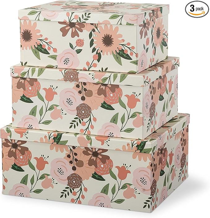 Soul & Lane - Peach Blossoms Decorative Storage Boxes with Lids, Set of 3 | Large Nesting Cardboard Keepsake Boxes for Memories, Photos and Cards, Floral Gift Storage Containers for Home Decor by SoulLane