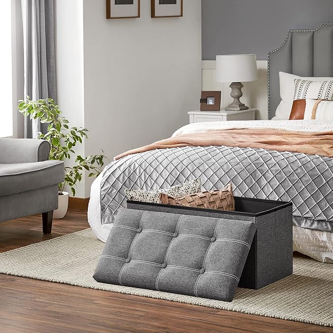 SONGMICS Mazie Collection - 30 Inches Ottoman Storage Bench, 21 Gal. Folding Chest with Breathable Linen-Look Fabric, Load up to 660 lb, for Entryway, Living Room, Bedroom, Dark Gray ULSF001G01 - Image 4