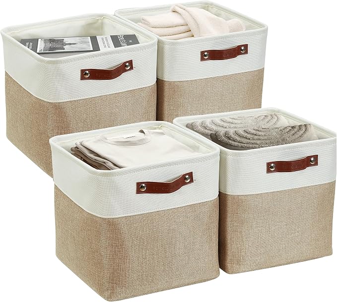 DECOMOMO 13 Inch Cube Storage Bins, Fabric Storage Cube, Basket for Kallax Shelves (Beige & White, Cube 13" - 4 Pack) | 4 Pack, Storage Baskets for Shelves, Kallax Storage Cubes (Beige & White) by DECOMOMO
