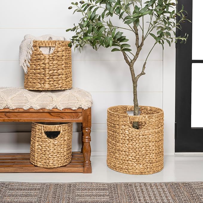 happimess Avery 3-Piece Cylinder Nesting Baskets 13", Natural | Hyacinth, Bohemian Cottage Style, Handwoven Wicker, Iron Metal Frame, Decorative Storage For Toys And Books, Built In Handles - Image 7