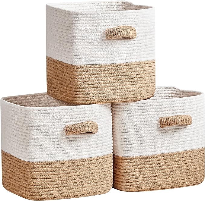 R RUNKA Storage Cube Baskets for Organizing -3 Pack -11 inch Square Baskets for Cube Storage, Closet Storage Bins-Woven Cube Storage Bins for Shelves- Ideal for Toy Storage |White & Khaki by RRUNKA