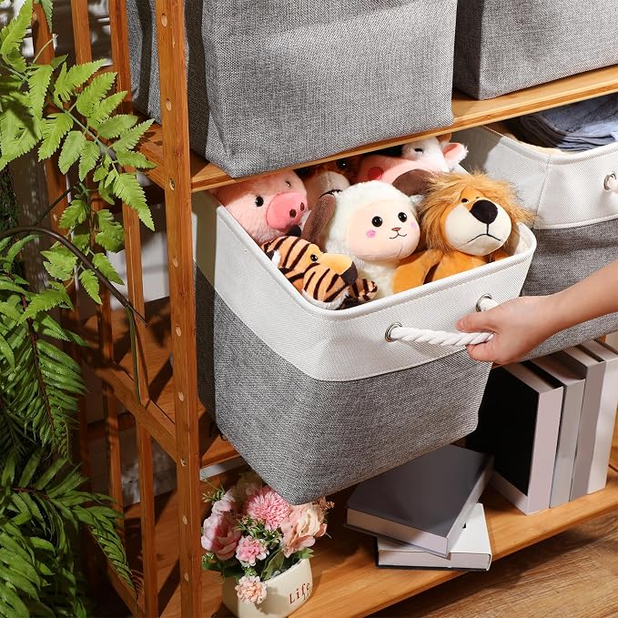 meekoo 8 Pack Collapsible Storage Bins Fabric Storage Bins Polyester Fabric Baskets with Handles Linen Closet Organizer for Shelf Home Closet Towels Toys(12 x 12 x 12 in,Gray White) - Image 2