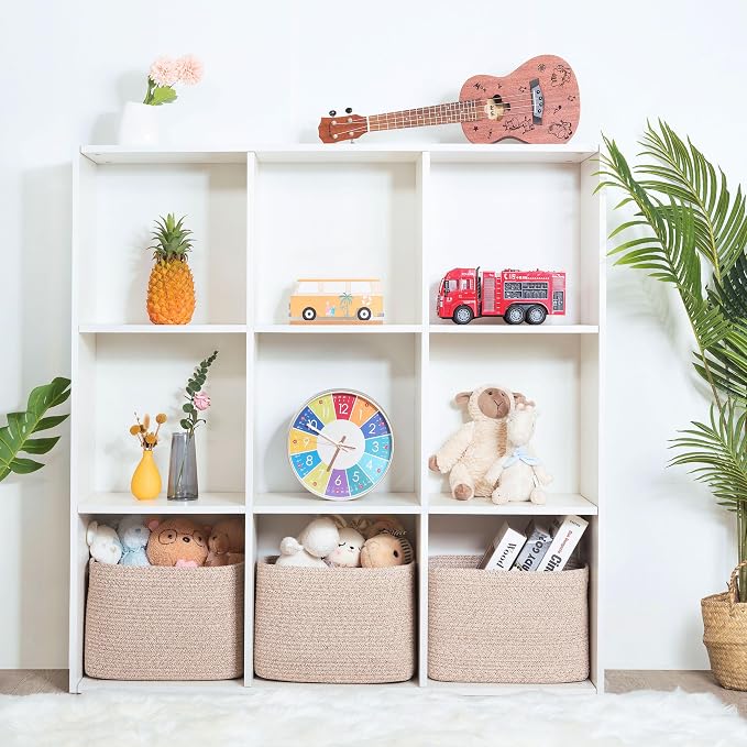3-Pack Decorative Woven Storage Baskets for Shelves, Cube Bin Box for Organizing Books, Shoes, Dog Toys, Pantry Closet and Living Room Organizer, Oatmeal Brown - Image 4