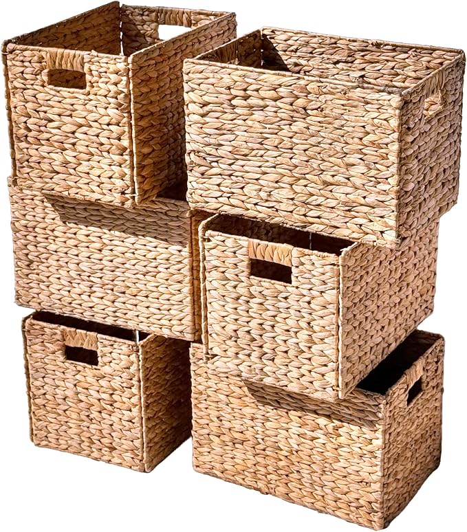 6 Decorative Hand-Woven Water Hyacinth Wicker Storage Basket, 16x11x11 Ideal for Shelving Units - Image 3