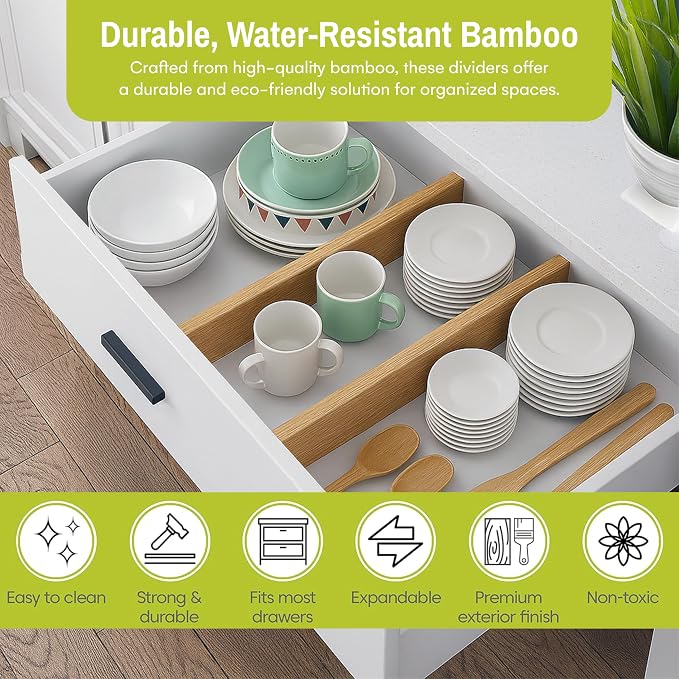 Bamboo Drawer Dividers Adjustable & Expandable, Kitchen Drawer Organizer, Ideal for Silverware, Dresser Drawers Organizer or Bedroom & Bathroom Drawers Organizers (8pk) - Image 4