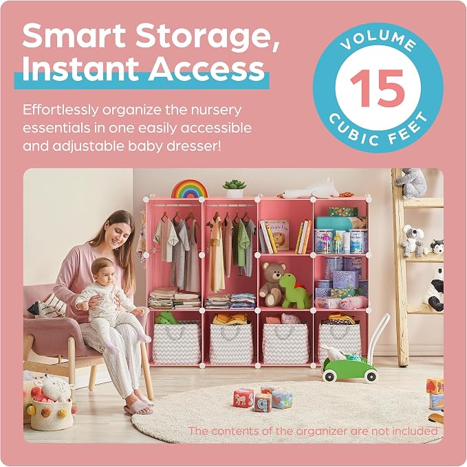 Baby Closet Organizer for Nursery - Durable Baby Wardrobe Armoire for Closet - Customizable Dresser Shelves - Waterproof Shelf Clothes Organizer w/Wall Fixation (Pink) - Image 2