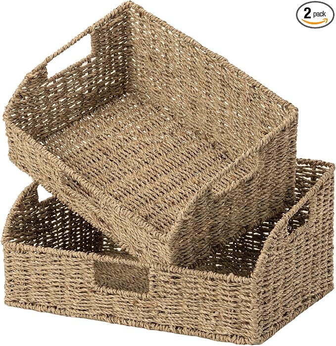StorageWorks Pantry Baskets for Organizing, Seagrass Storage Baskets,2-Pack | Large Seagrass Baskets, Wicker Storage Baskets for Shelves,Pantry Organizers and Storage,Handwoven Wicker Baskets for Storage by StorageWorks