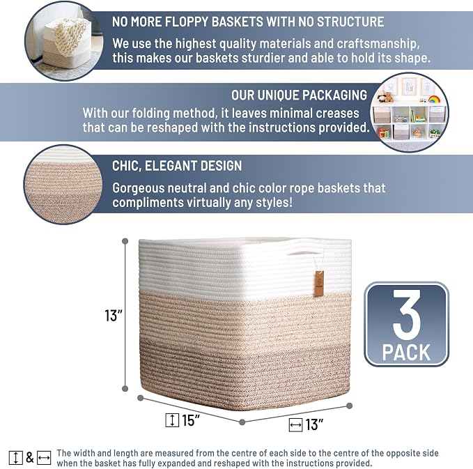 NaturalCozy 13x15x13 Kallax Storage Cubes Bins, 3 Pack | Cotton Rope Cube Storage Bin Woven Baskets for Organizing | Kallax Insert Storage Baskets for Shelves Organizer, Kids Toy, Closet Baby Nursery - Image 2