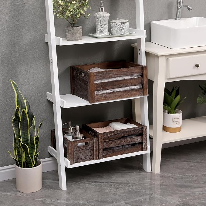 Set of 3 Nesting Wooden Crates, Small Rustic Farmhouse Wood Storage Boxes with Handles, Stackable Compact Organizer Bins for Kitchen Bathroom Bedroom Decor, 3 Sizes & 3 Colors (White, Brown, Black) - Image 5