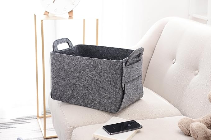 Minoisome Storage Basket Felt Storage Bin Collapsible& Convenient Box Organizer with Carry Handles for Office Bedroom Closet Babies Nursery Toys Laundry (Grey, 13.8inch（L）×9.5inch（W）×8.3inch（H）) - Image 2
