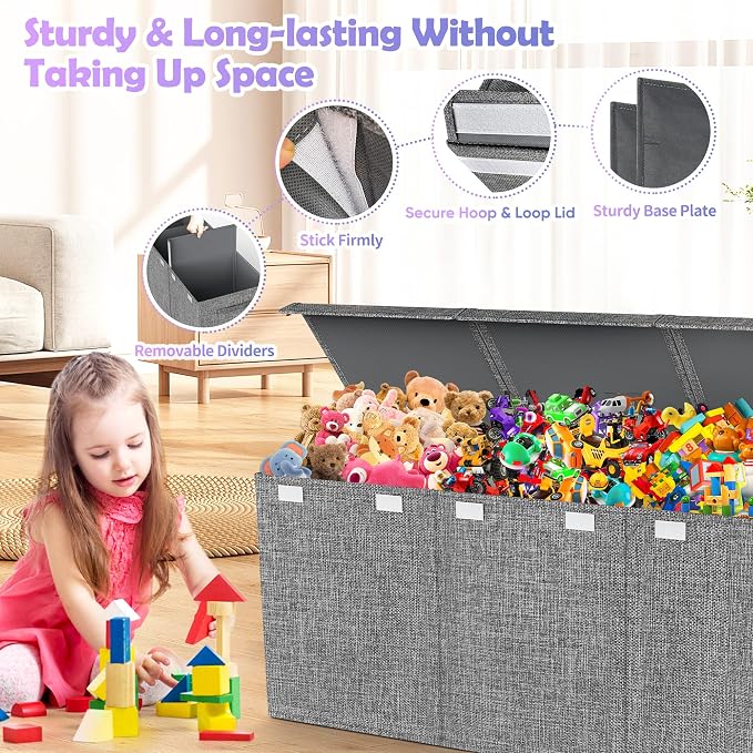 Extra Large Toy Box with Lids, Large Storage Chest Organizer, 40"x14"x16" | Collapsible Sturdy Kids Toy Chest Bins with Dividers for Boys Girls, Nursery Bedroom Playroom Organization, Gray - Image 4