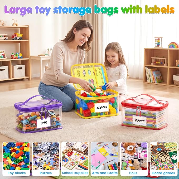 6-Pack Extra Large Clear Toy Storage Bags Transparent Waterproof With Zippers & Labels Durable Reusable Organizer for Blocks,Puzzles & Games - Image 2