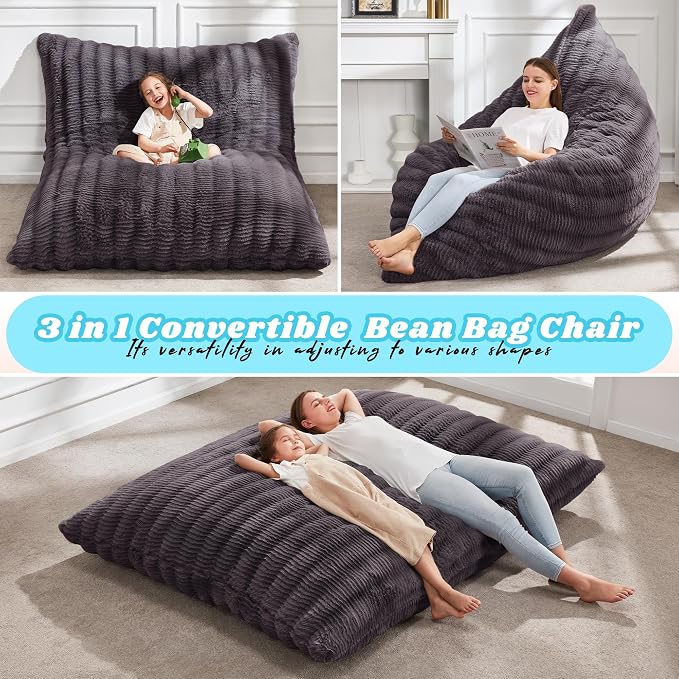 Hobestluk Adult Bean Bag Chair 3 in 1 Convertible Large Bean Bag Sofa | Ripple Dark Grey,Machine Washable,Removable Cover,Easy Convert And Install,Floor Bed,For Livingroom Bedroom - Image 4
