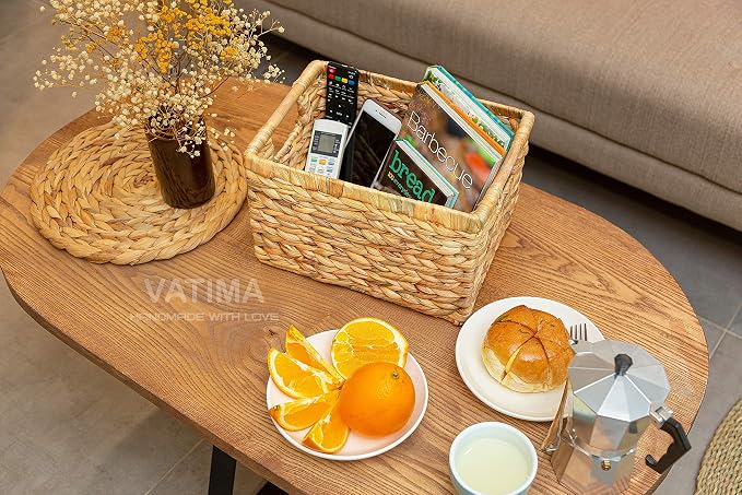 Natural Water Hyacinth storage basket with Handle, Rectangular Organizing Basket for Organizing, Decorative Wicker Storage Bins for Living Room, Medium Wicker Baskets - 3 Pack Medium - Image 8