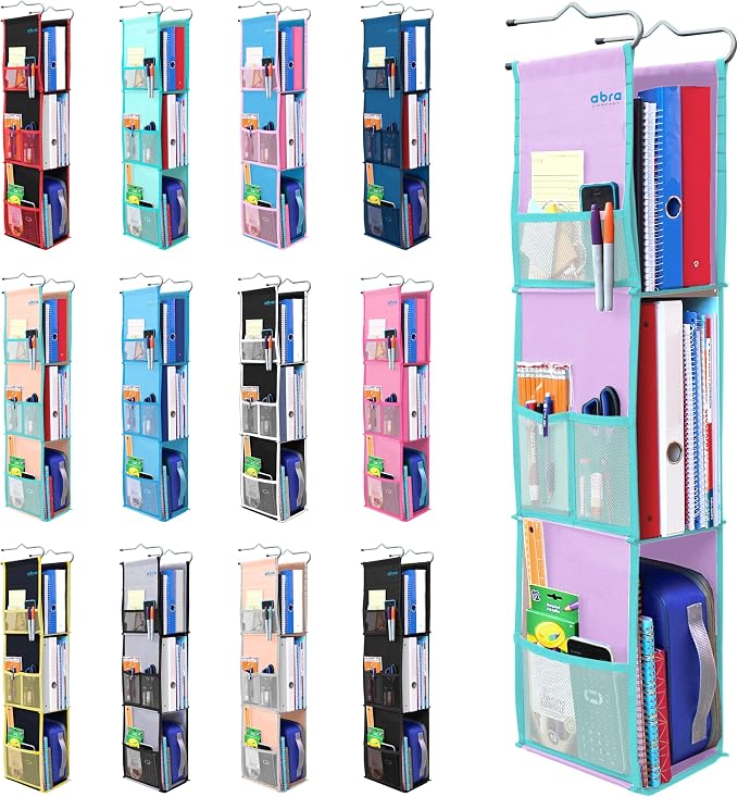 ABRA® 3 Shelf Hanging Locker Organizer for School, Gym, Work, Storage | Deep Shelves 6”x 9”| Eco-Friendly Fabric Healthy for Children | Adjustable School Locker Shelf 3 to 2 (Calm Lavender/Turquoise) by ABRA
