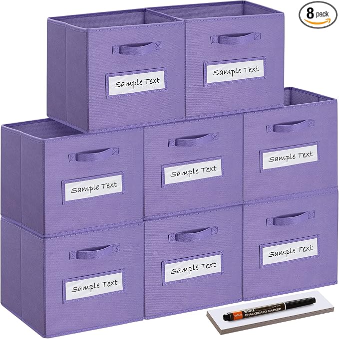 13x13x13 storage cube bins(Set of 8) Fabric storage cubes with 8 Labels Window Cards & a Pen, storage cubes 13x13, Collapsible 13 inch cube storage bins, Cubby Organizer Boxes, Purple by Artsdi