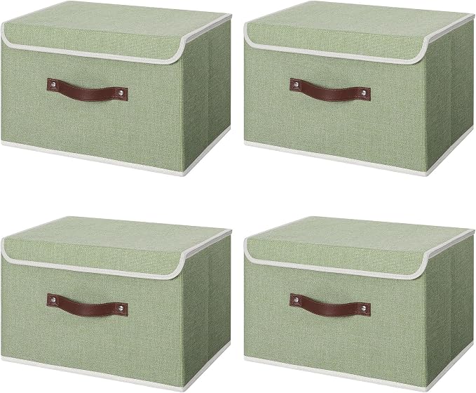 ANMINY Fabric Storage Box Bins with Lids, Green, 13"x9"x7.9", 4 Pack | Keepsake Memory Storage, Cotton Linen, PP Board Reinforced, Washable, PU Handles, Foldable & Stackable, Decorative, Medium by ANMINY