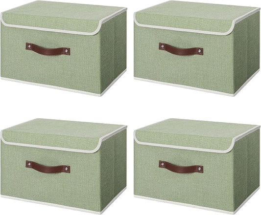 ANMINY Fabric Storage Box Bins with Lids, Green, 13"x9"x7.9", 4 Pack | Keepsake Memory Storage, Cotton Linen, PP Board Reinforced, Washable, PU Handles, Foldable & Stackable, Decorative, Medium by ANMINY