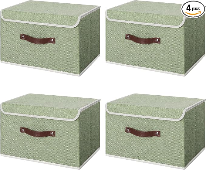 ANMINY Fabric Storage Box Bins with Lids, Green, 15"x10"x10", 4 Pack | Keepsake Memory Storage, Cotton Linen, PP Board Reinforced, Washable, PU Handles, Foldable & Stackable, Decorative, Large by ANMINY