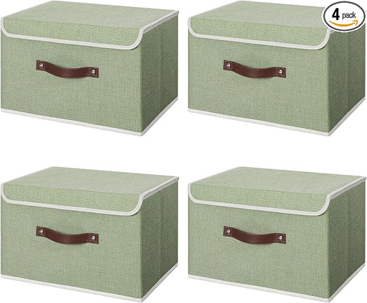 ANMINY Fabric Storage Box Bins with Lids, Green, 15"x10"x10", 4 Pack | Keepsake Memory Storage, Cotton Linen, PP Board Reinforced, Washable, PU Handles, Foldable & Stackable, Decorative, Large by ANMINY