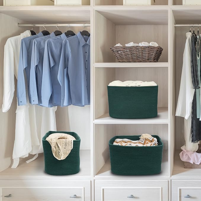 XUANGUO Woven Cotton Rope Storage Baskets 15x10x9.3" 3 Pack Dark Green | Decorative rectangular storage baskets for shelves and closets; storage bins organize clothes, toys, books and nursery items. - Image 6
