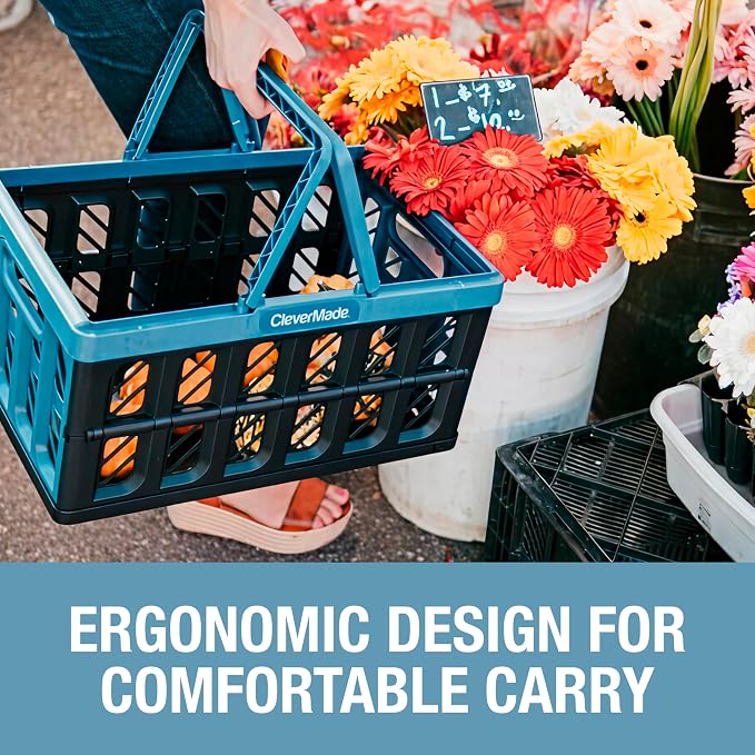 CleverMade Eco Collapsible Shopping Basket with Handles, 24L Ocean, 3 Pack | Keep Groceries Upright in the Car | Rigid Walls Carry 25 lb Each, Stack Securely, and Fold to 2.25 Inches for Storage - Image 6
