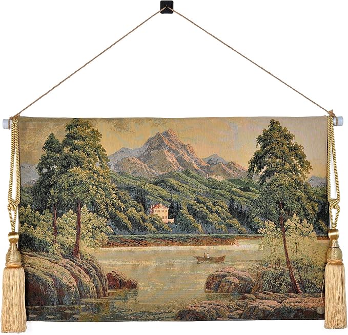 Vintage Nature Tapestry Wall Hanging Set with Telescopic Rod & Tassels - Jacquard Woven Fabric Aesthetic Country Landscape Wall Tapestry for Bedroom/Living Room Decor Green Art (42"x27") (Earthy - greens, lake scene with boat and hills) by Unknown